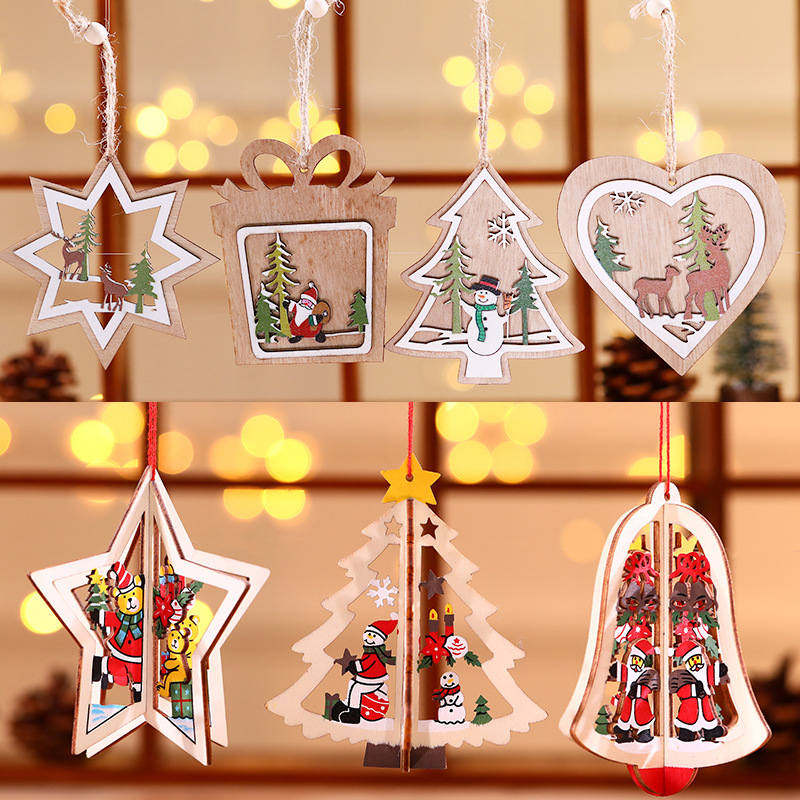 Christmas decorations wooden laser hollowed-out Christmas tree pendants wooden kindergarten children hanging pieces