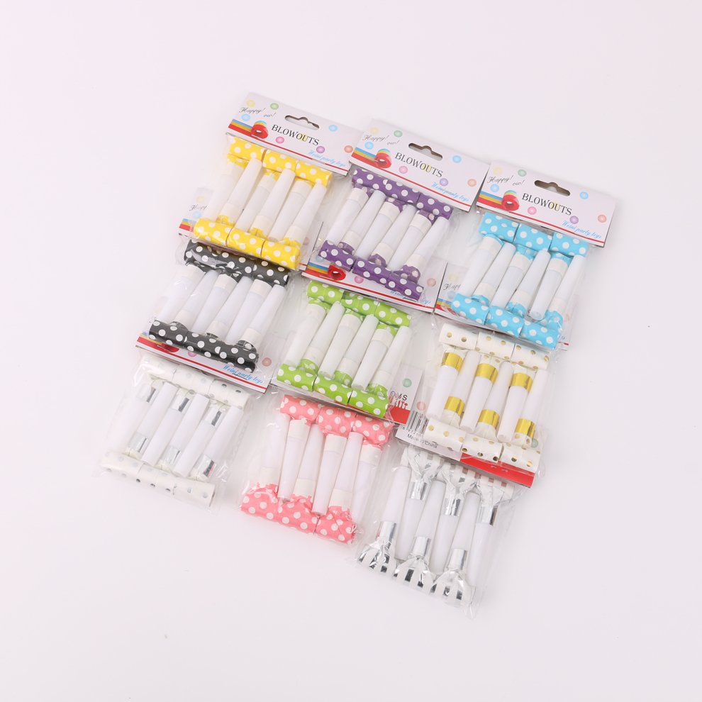 Transparent opp bags are used for birthday party decorations for boys and girls, featuring curling polka dots and dragon whistles