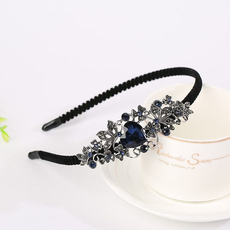 Summer women's Korean-style blue water diamond headband factory direct supply alloy solid color blue water diamond bow Korean-style hair band details Picture