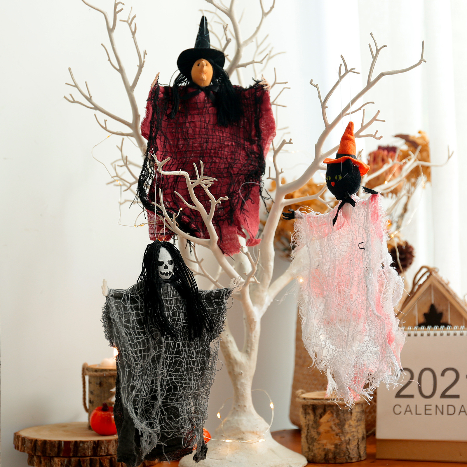 New cross-border Halloween decoration skull clothes pendant pumpkin witch pendant broom haunted house decoration props