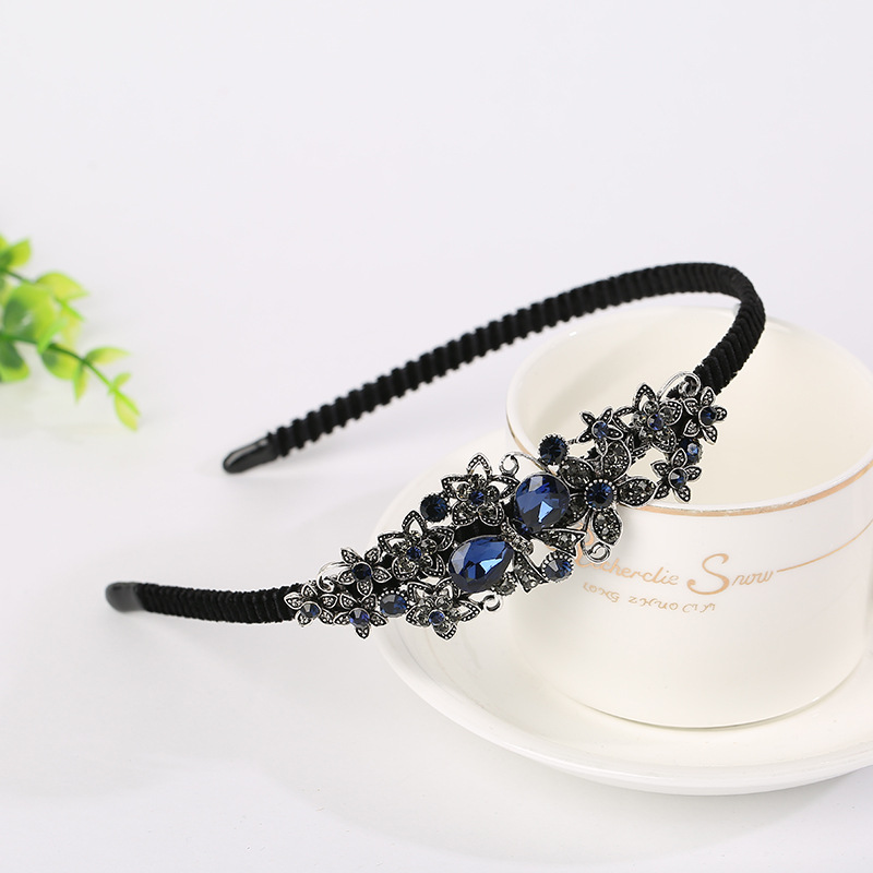 Summer women's Korean-style blue water diamond headband factory direct supply alloy solid color blue water diamond bow Korean-style hair band Specification image