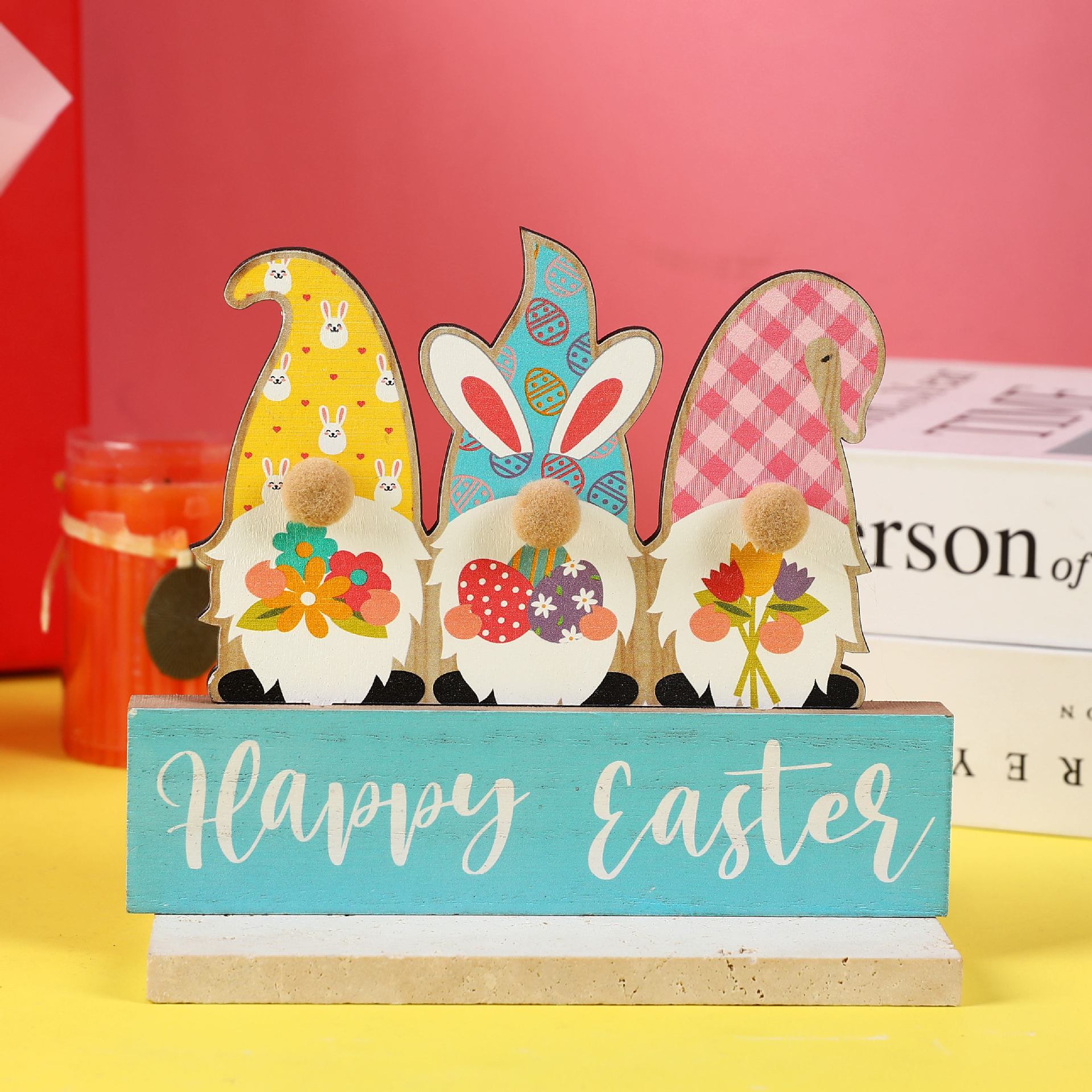 New cross-border Easter faceless old man wooden ornaments rabbit ears Rudolph trio set colorful Easter eggs