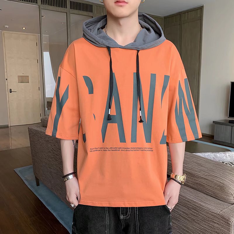 Summer men's hooded five-sleeved T-shirt, new simple and sporty short-sleeved shirt, men's sporty casual hooded shirt T-shirt