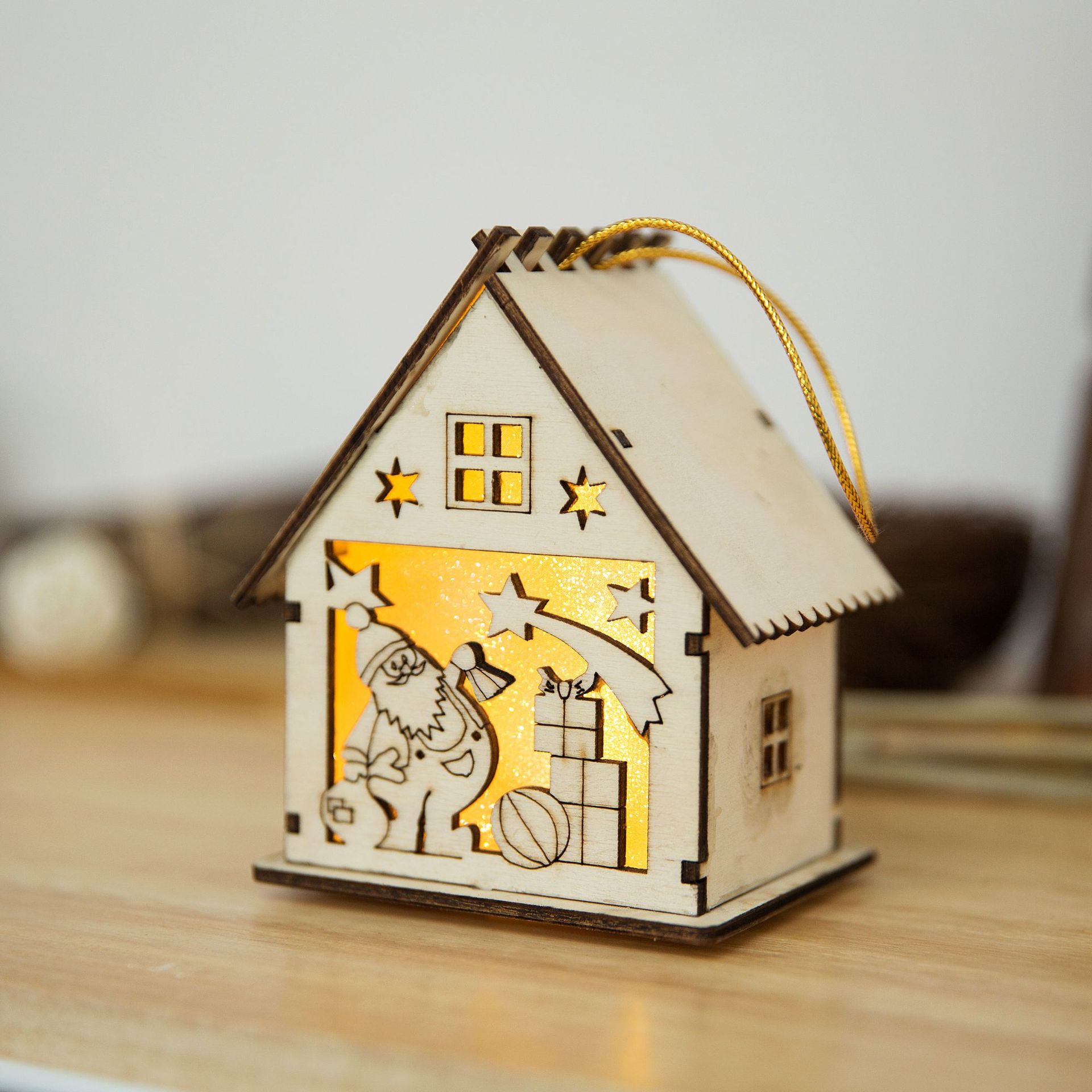Christmas wooden lights, small house, Christmas tree pendant, microlandscape, handmade holiday decorations, wooden house, original wood color