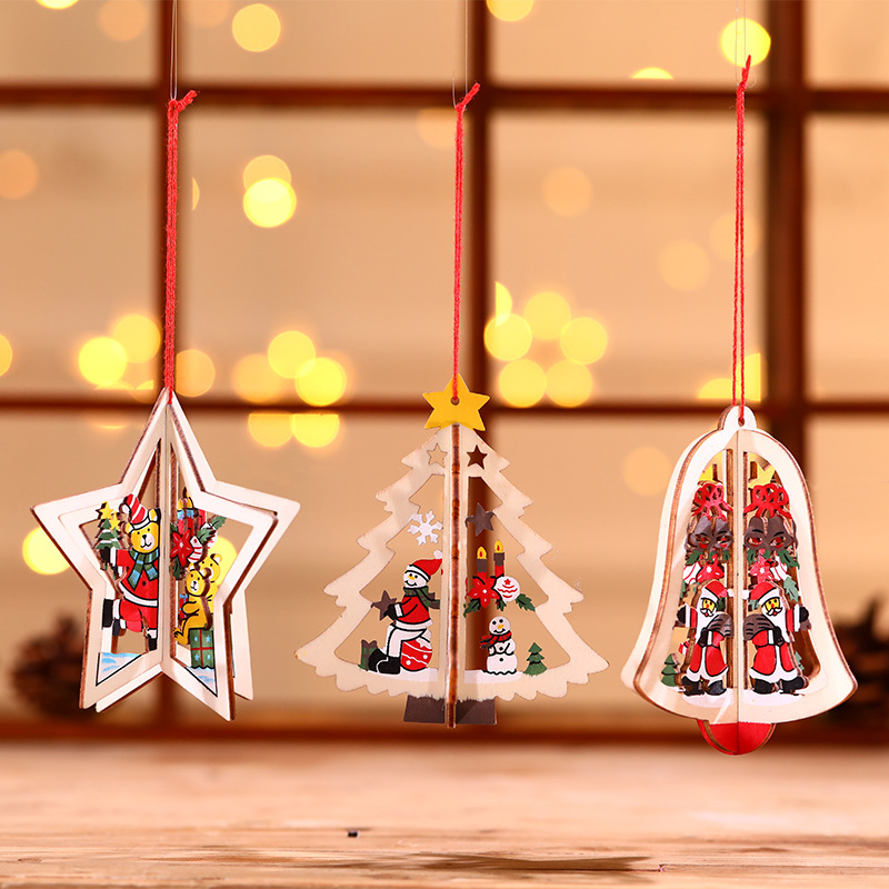 Christmas decorations Wooden Laser engraving Christmas Tree pendant wooden five-pointed star bell pendant Gift