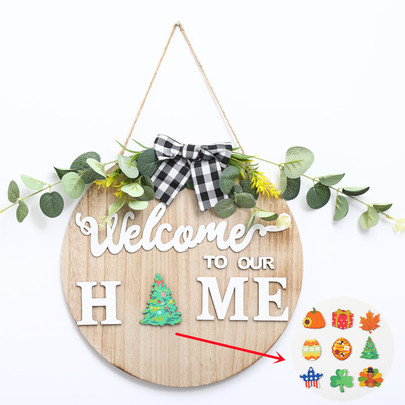 Cross border DIY replaceable wooden bow welcome door sign Christmas Halloween HOME door hanging decorations