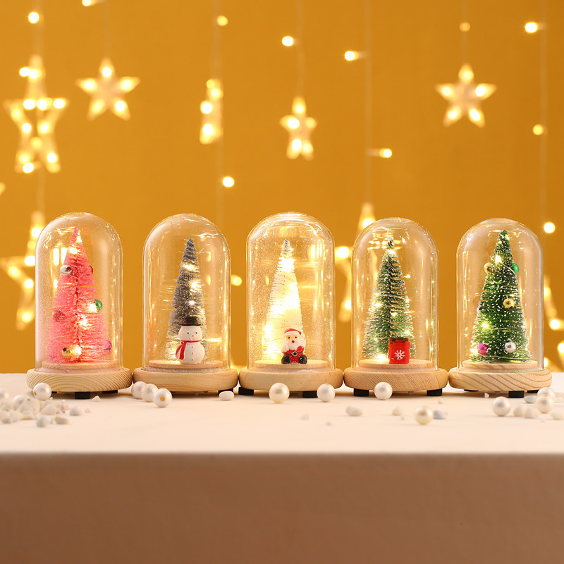 Christmas gifts Wooden glass illuminated mini Christmas tree table top creative small Christmas ornaments