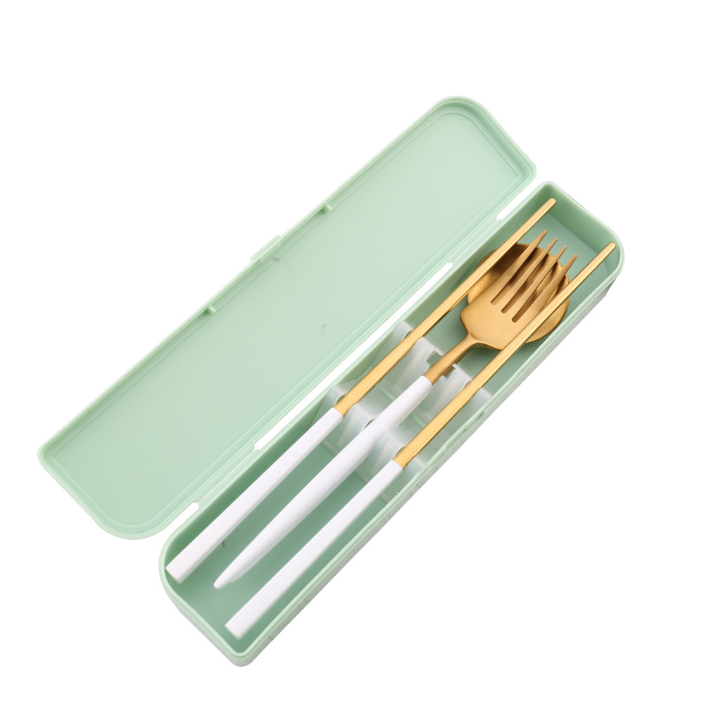 A Stainless steel Portuguese portable set, 304 stainless steel spoon, fork and chopsticks three-piece set, adult and student spoon and chopsticks set Item Picture