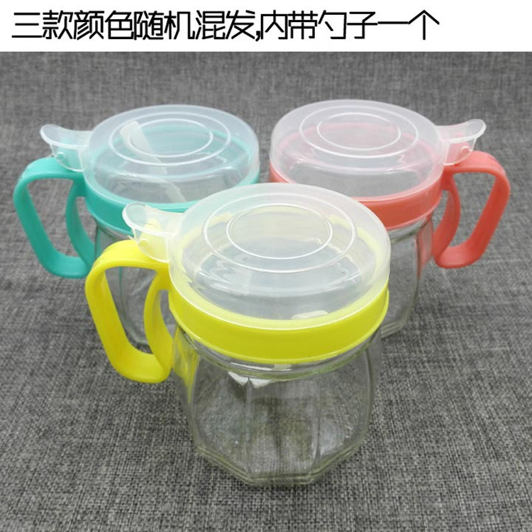 Botella de condimento de vidrio con cuchara caja de condimento creativa para el hogar botella de salsa de soja vidrio con tapa condimento lata al por mayor Specification image