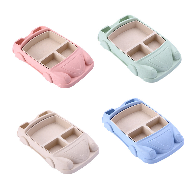 Wheat Cartoon Car Children's Tableware Five-piece Set: Creative cartoon separated plates, chopsticks, forks, spoons and cups for toddlers and students Item Picture