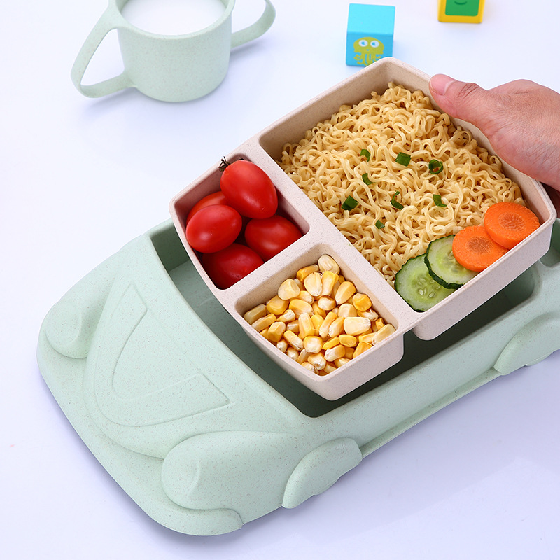 Wheat Cartoon Car Children's Tableware Five-piece Set: Creative cartoon separated plates, chopsticks, forks, spoons and cups for toddlers and students details Picture