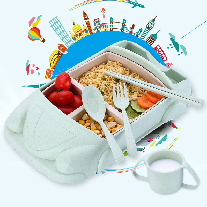 小麦卡通汽车儿童餐具五件套装创意卡通幼儿学生分隔餐盘筷叉勺杯