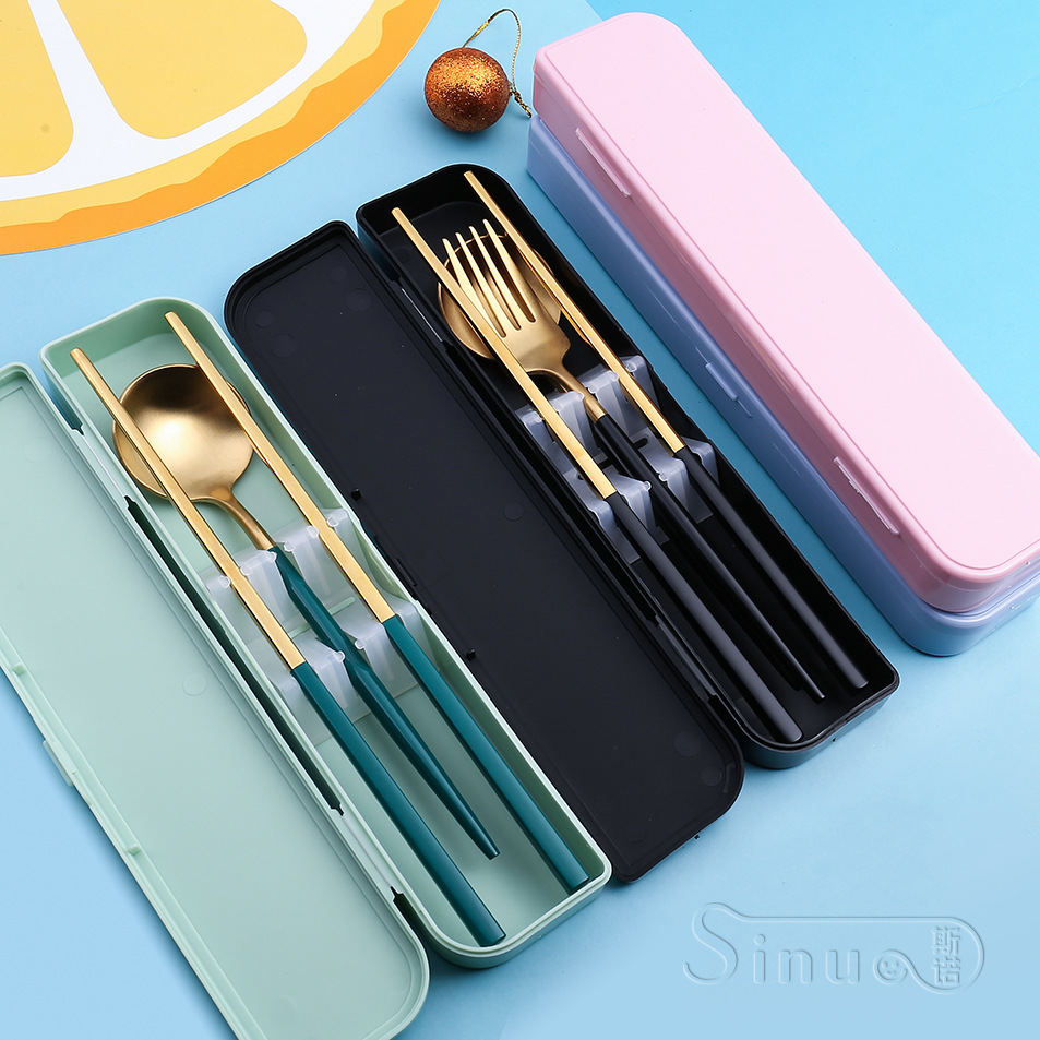 A Stainless steel Portuguese portable set, 304 stainless steel spoon, fork and chopsticks three-piece set, adult and student spoon and chopsticks set details Picture