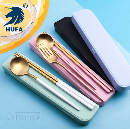 A Stainless steel Portuguese portable set, 304 stainless steel spoon, fork and chopsticks three-piece set, adult and student spoon and chopsticks set