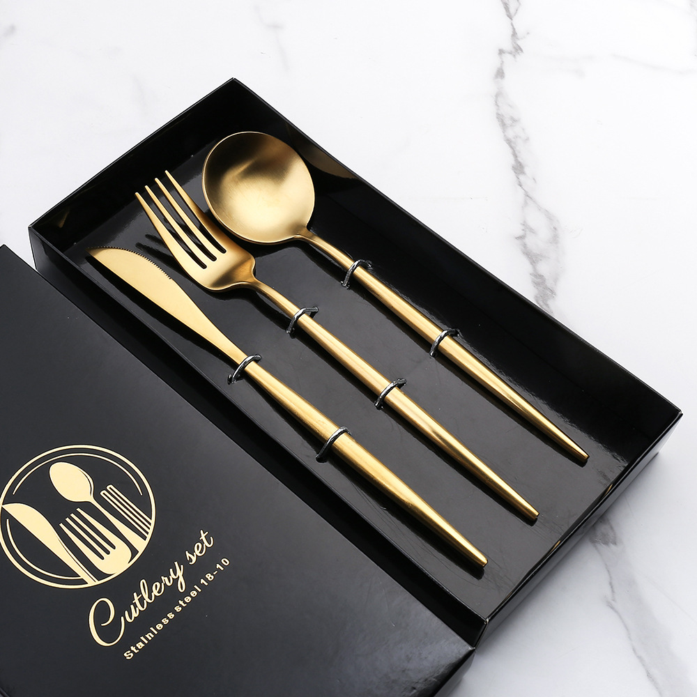 A Amazon 304 stainless steel Western steak knife, fork and spoon gift box set, hotel matte gold Portuguese tableware details Picture