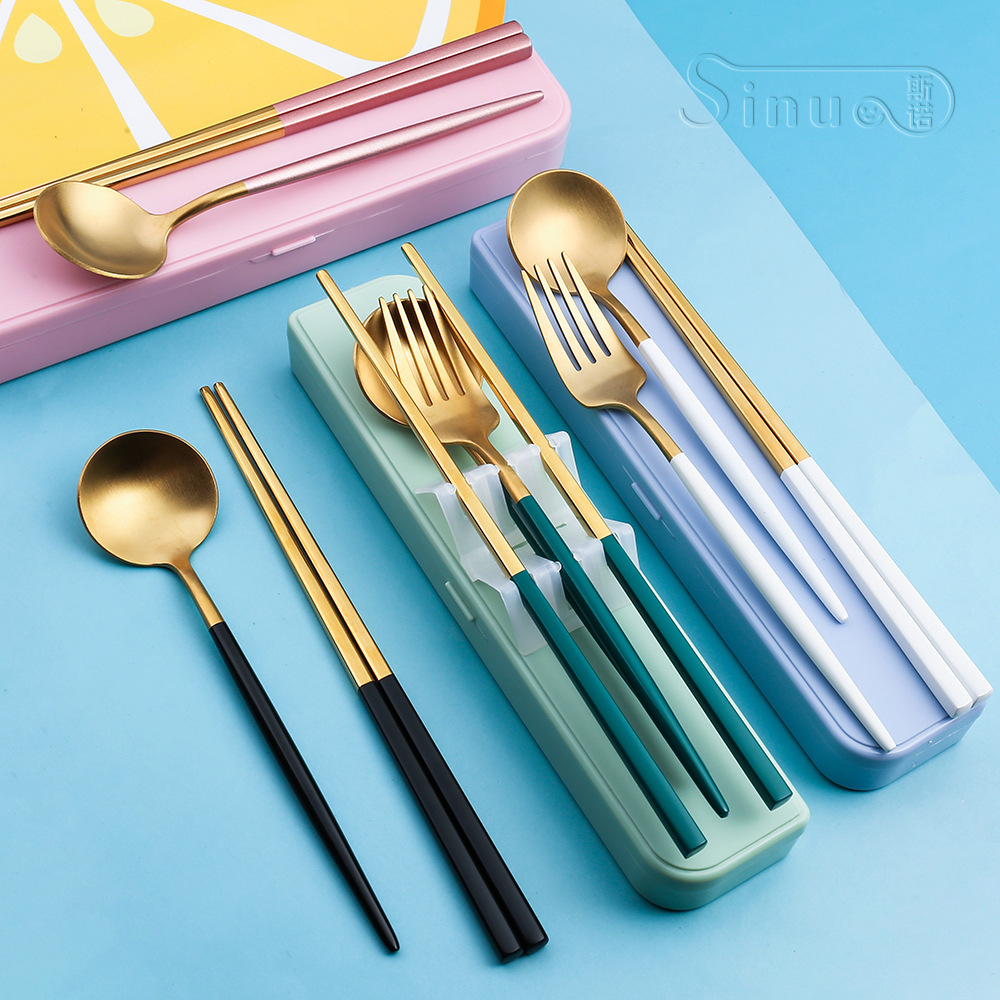 A Stainless steel Portuguese portable set, 304 stainless steel spoon, fork and chopsticks three-piece set, adult and student spoon and chopsticks set Specification image