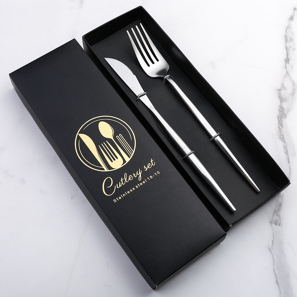 A Amazon 304 stainless steel Western steak knife, fork and spoon gift box set, hotel matte gold Portuguese tableware Specification image