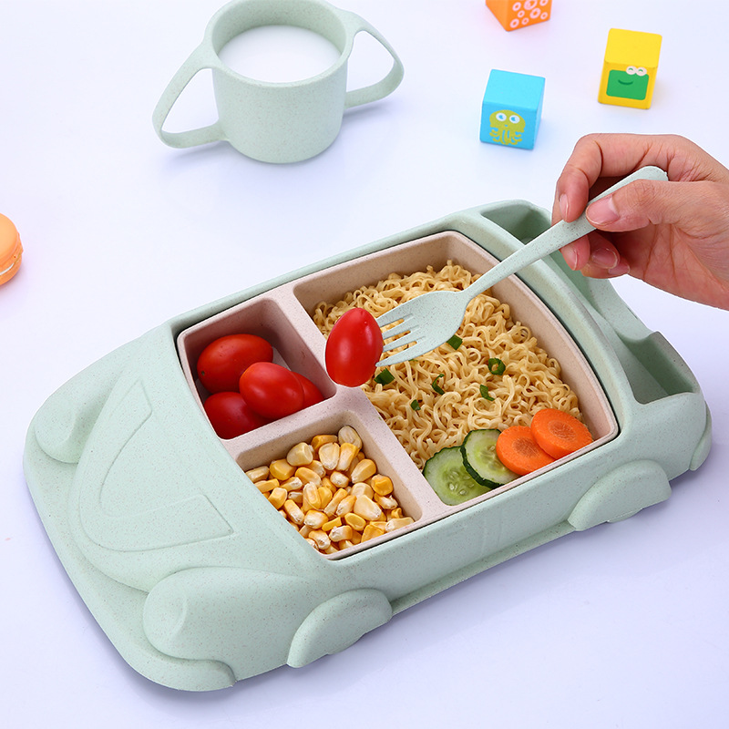 Wheat Cartoon Car Children's Tableware Five-piece Set: Creative cartoon separated plates, chopsticks, forks, spoons and cups for toddlers and students Specification image