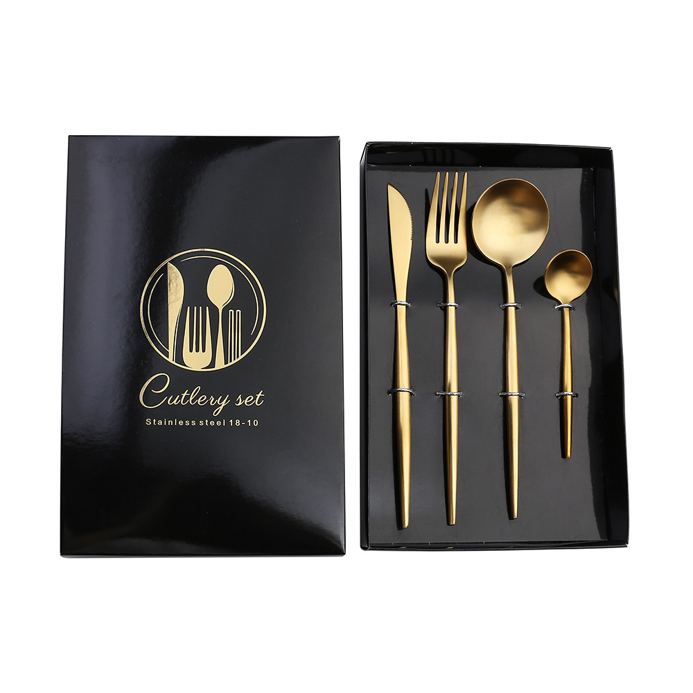 A Amazon 304 stainless steel Western steak knife, fork and spoon gift box set, hotel matte gold Portuguese tableware Item Picture