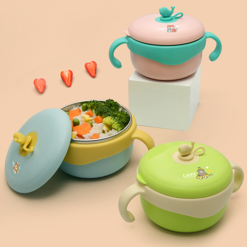 Children's 316L stainless steel water-filled bowl, baby double-layer water-filled supplementary food insulated meal bowl, baby tableware with handle