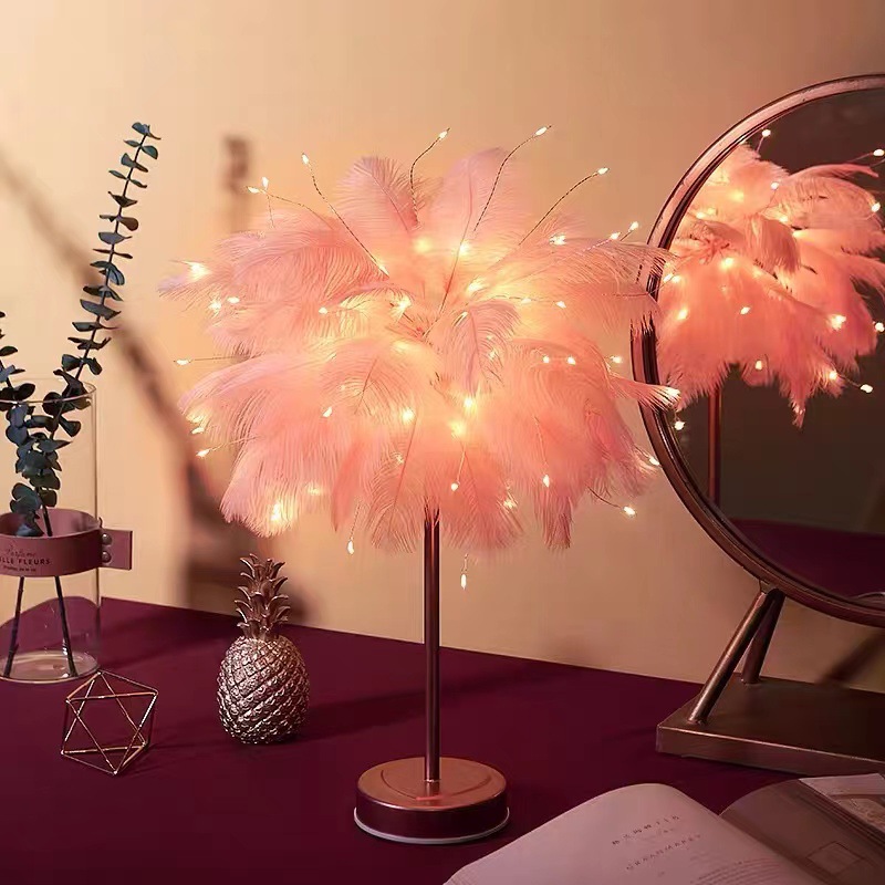 LED feather lamp, copper wire colored lamp, ins feather table lamp, romantic room decoration Specification image