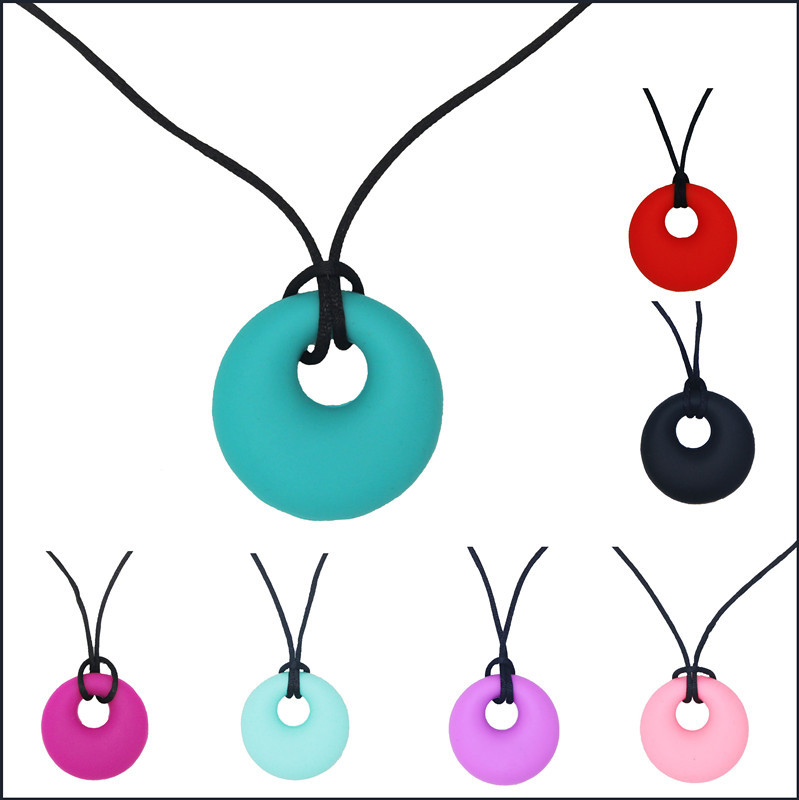Bite Happy Teething Gel silicone Necklace, small round pendant, mom wears baby teething PE bag
