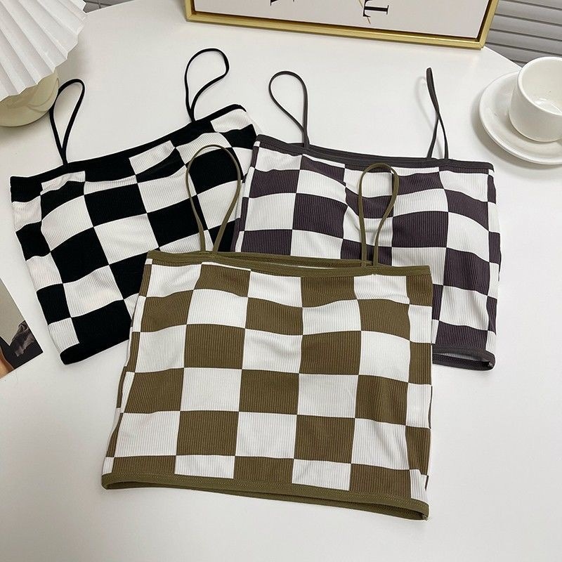 New Hong Kong-style checkered halter top, fixed one-piece cup, pure cotton chest wrap, elastic base layer, outerwear for ladies Specification image
