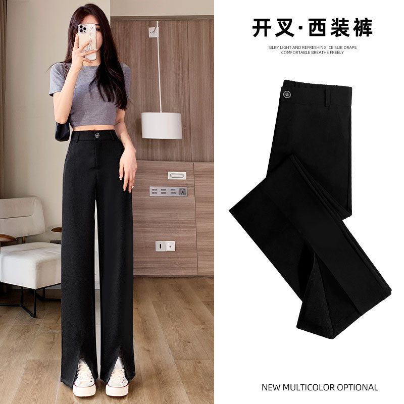 开衩阔腿裤女裤春秋季垂感西装直筒休闲高腰显瘦黑色开叉西装裤女
