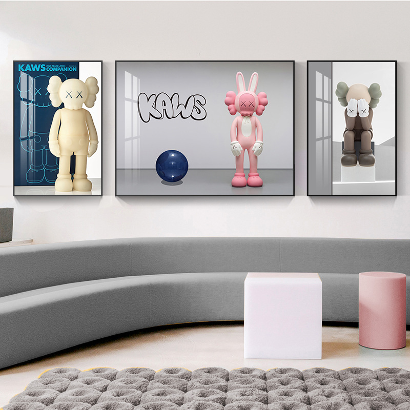 Fashionable brand KAWS living room decoration painting modern simple sofa background wall hanging cartoon violent bear action figure triptych