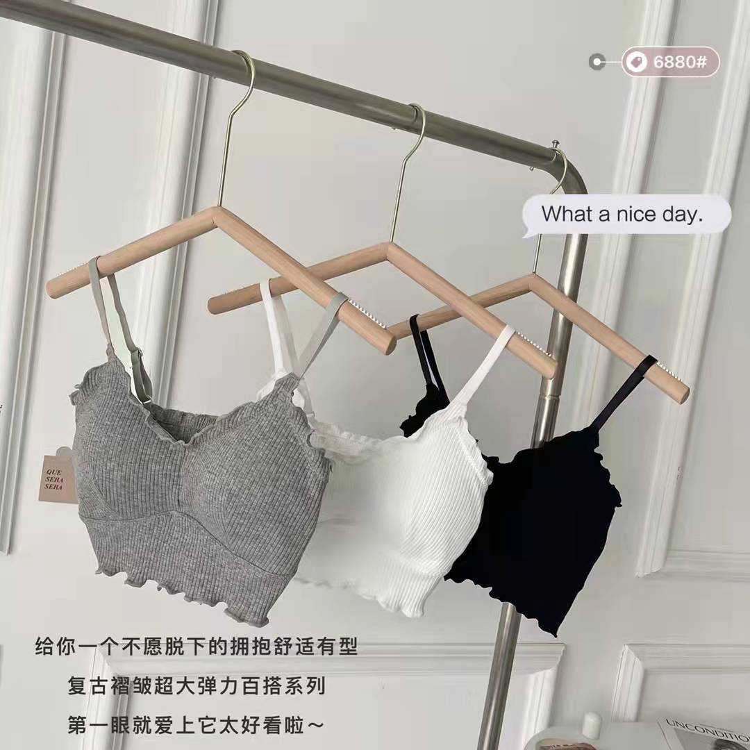 2022设计感INS荷叶边螺纹吊带背心女带胸垫裹胸防走光抹胸内