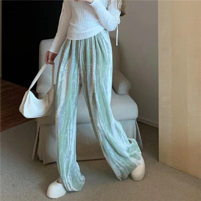 Korean-style loose floor-length pants with a water ripple ripple effect, stretched-waist casual organ pants, high-waist pleated wide-leg pants Specification image