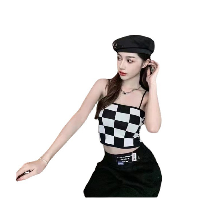 New Hong Kong-style checkered halter top, fixed one-piece cup, pure cotton chest wrap, elastic base layer, outerwear for ladies Item Picture