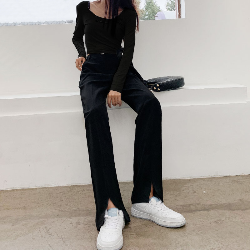 Slit wide-leg pants for women in spring and autumn, high-waisted, sagging, petite black casual suit, floor-length straight-leg dress pants for women