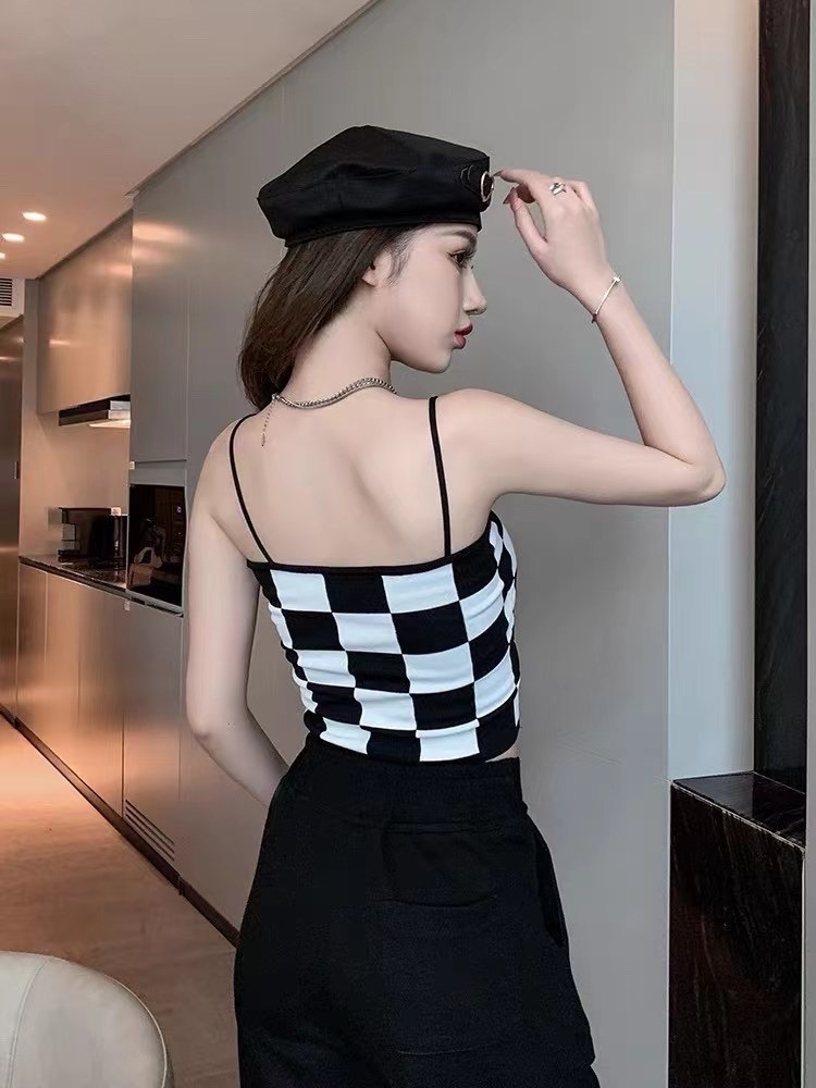 New Hong Kong-style checkered halter top, fixed one-piece cup, pure cotton chest wrap, elastic base layer, outerwear for ladies details Picture