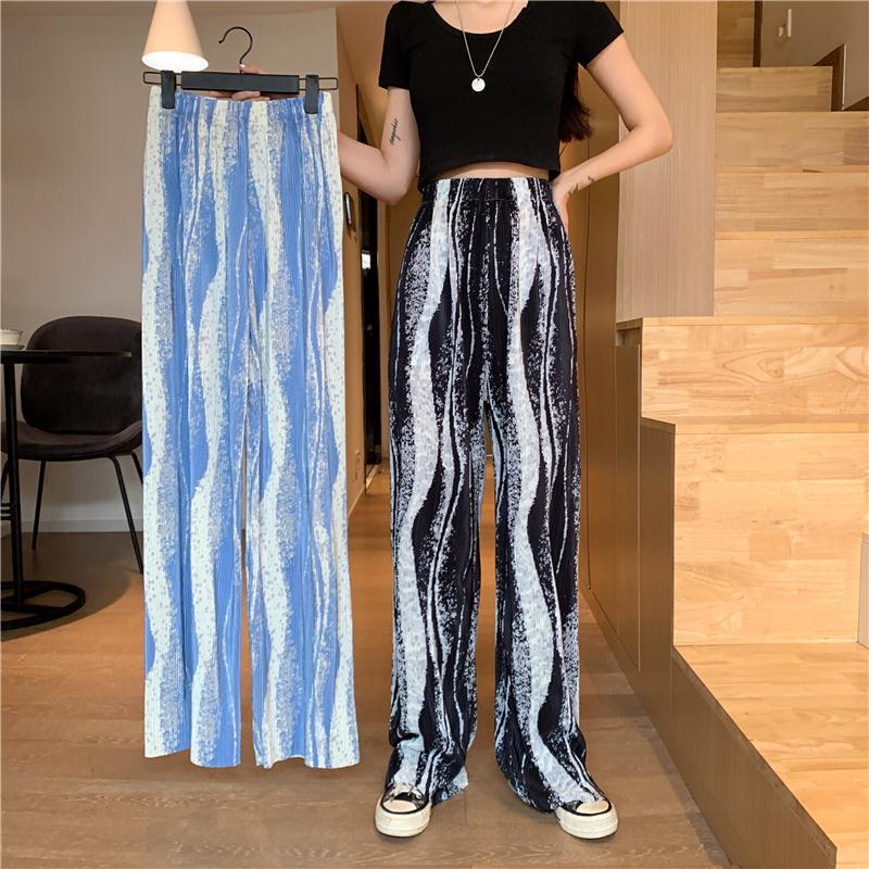 Korean-style loose floor-length pants with a water ripple ripple effect, stretched-waist casual organ pants, high-waist pleated wide-leg pants