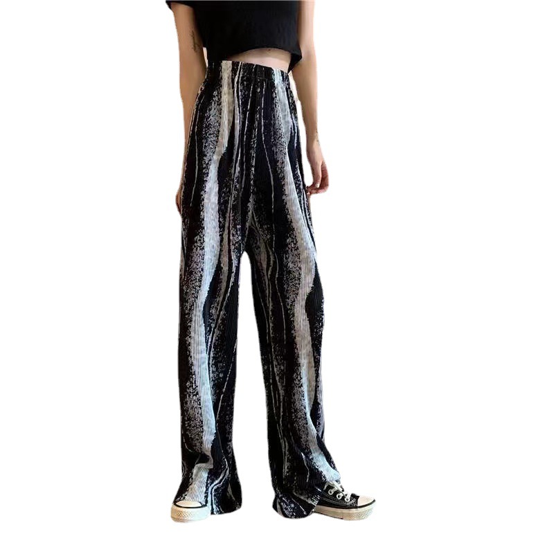 Korean-style loose floor-length pants with a water ripple ripple effect, stretched-waist casual organ pants, high-waist pleated wide-leg pants Item Picture