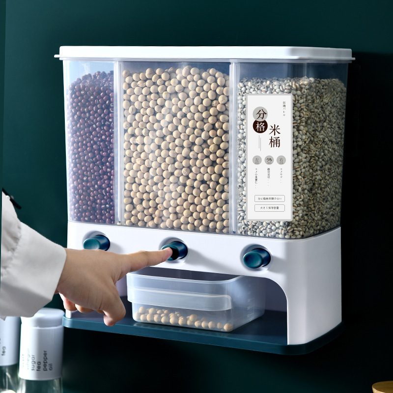 X127 Multi-functional press automatic rice dispensing, rice separation box, compartment-divided rice bucket, storage box, wall-mounted grains and cereals Specification image