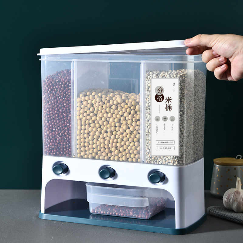X127 Multi-functional press automatic rice dispensing, rice separation box, compartment-divided rice bucket, storage box, wall-mounted grains and cereals details Picture