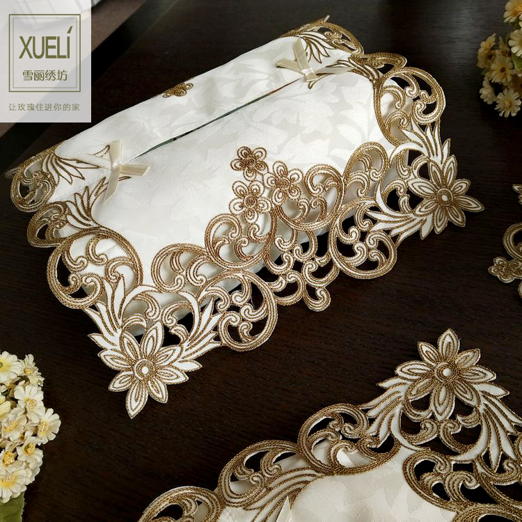 纸巾套餐桌面巾纸抽套田园布艺刺绣绣花轻奢北欧美式中式祥云多色