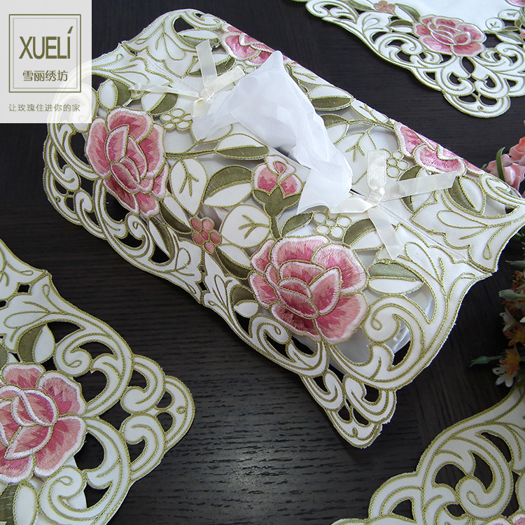 刺绣绣花田园布艺欧式美式中式餐桌餐巾套纸巾套面巾纸抽桃红玫瑰