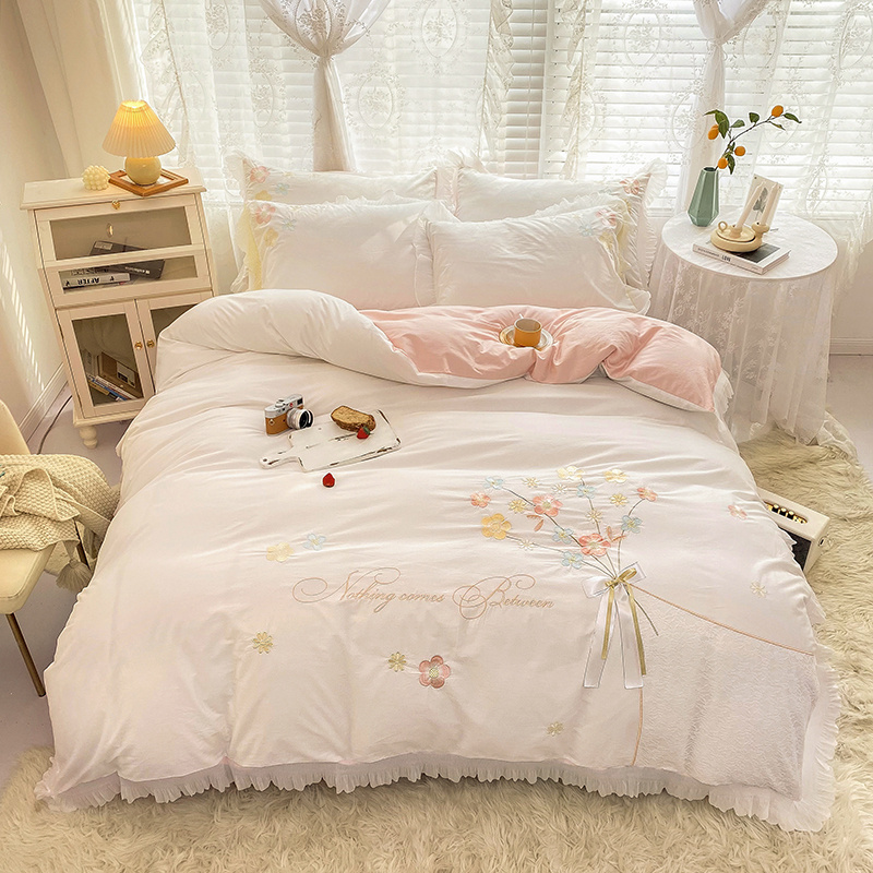 2022 All-cotton washed cotton embroidered Four-piece Set Korean princess-style girlish bed cover