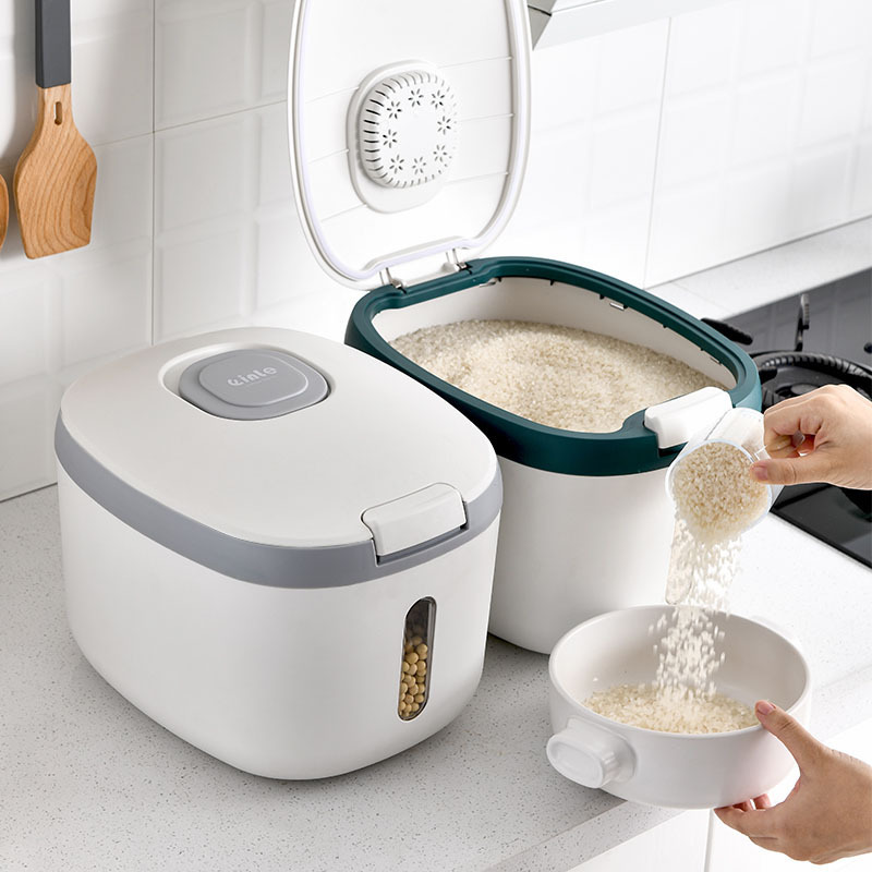 X127-8259 Japanese-style household rice bucket, insect-proof and moisture-proof, automatic metering, pressing and sealing, large-capacity rice storage box for storage Specification image