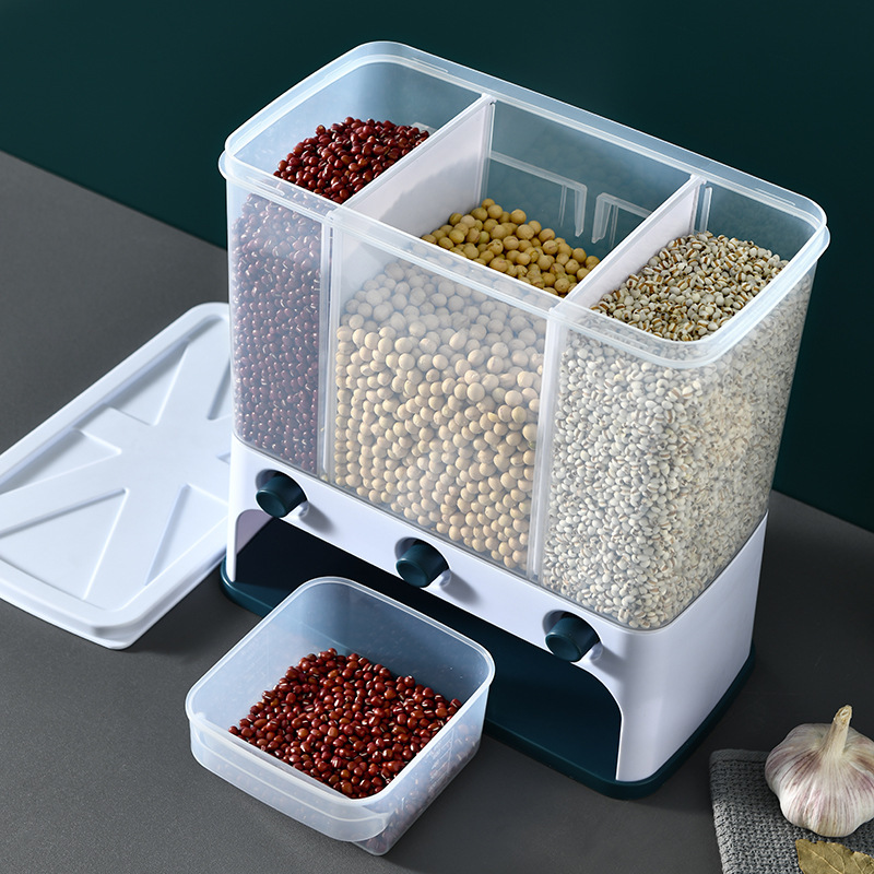 X127 Multi-functional press automatic rice dispensing, rice separation box, compartment-divided rice bucket, storage box, wall-mounted grains and cereals Application Scenario