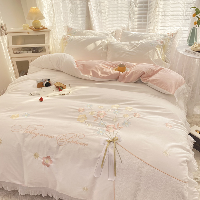 2022 All-cotton washed cotton embroidered Four-piece Set Korean princess-style girlish bed cover details Picture