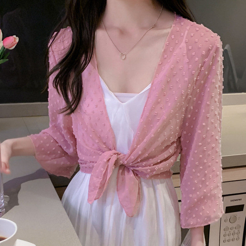 2022 Summer New Korean-style fashionable loose thin short coat, women's long-sleeved chiffon shirt, sun-protective clothing, small shawl Specification image