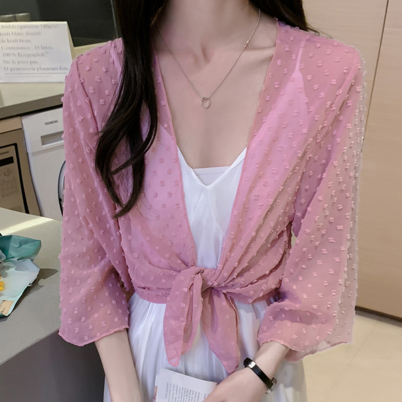 2022 Summer New Korean-style fashionable loose thin short coat, women's long-sleeved chiffon shirt, sun-protective clothing, small shawl