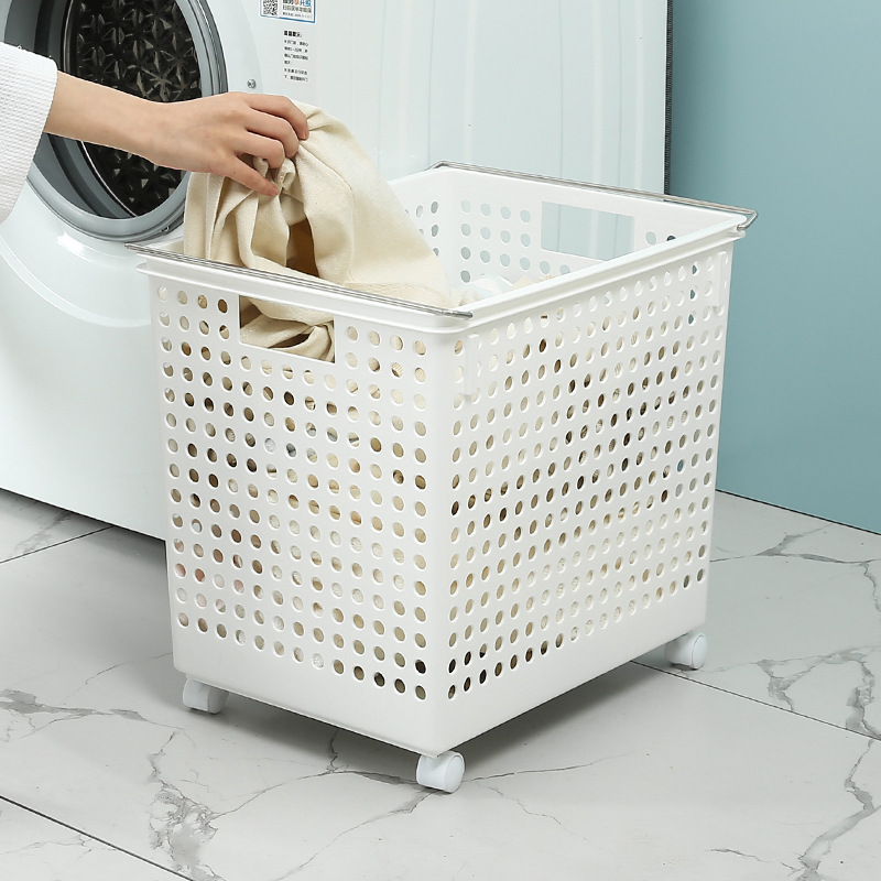 W15-2395 Extra-large hand-held dirty clothes storage basket, plastic PP gray-white hollow storage basket, dust-proof and organizing storage basket details Picture