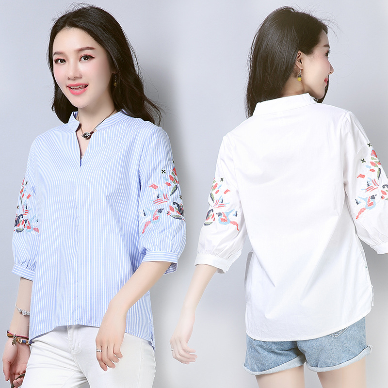 This is a new Spring/Summer 2022 embroidered striped shirt for women with a seven-inch lantern sleeve, loose V-neck and Korean style, featuring a short front and long back Specification image