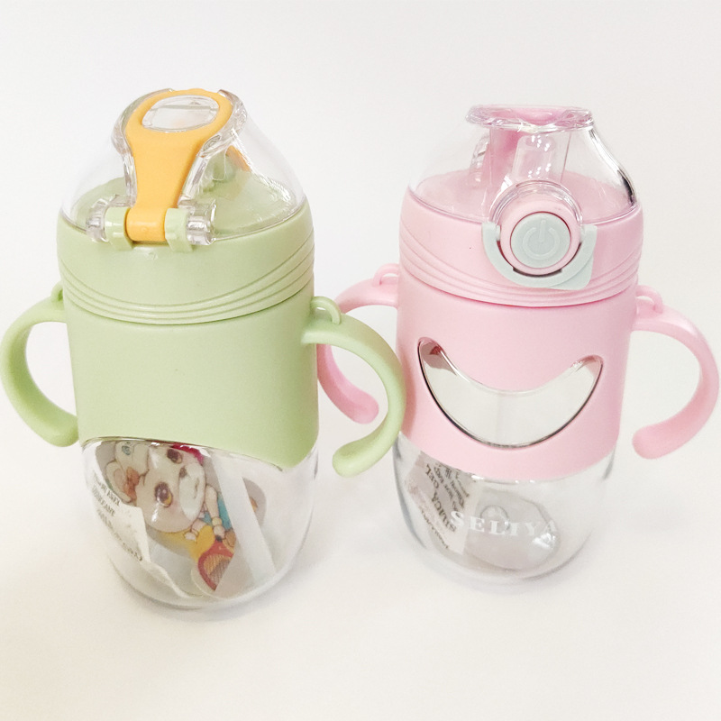Baby drinking cup, leak-proof water bottle, children's summer cup, cute cartoon with handle, dual-purpose straw water cup details Picture