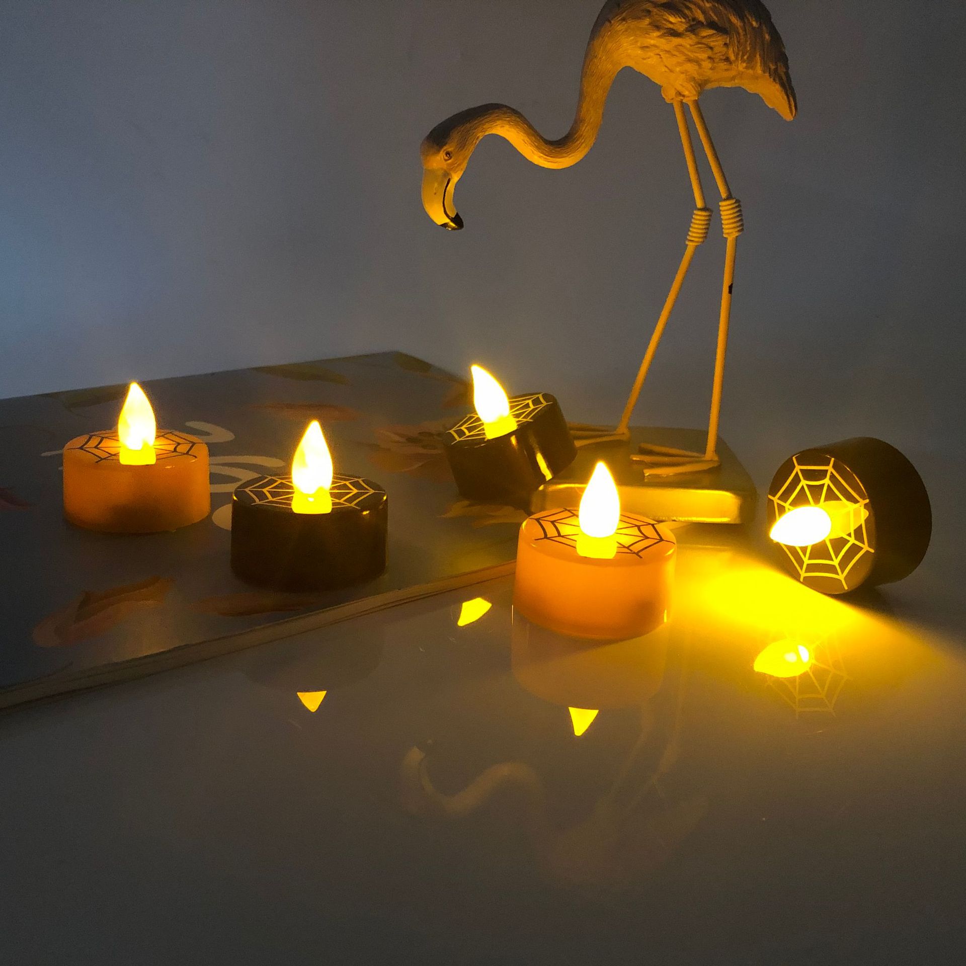 led candle lights, Halloween atmosphere, spider web candle lights, decorative small tea lights Application Scenario